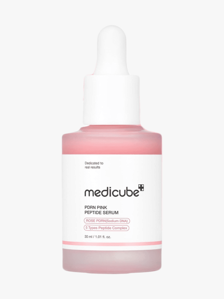 Medicube PDRN Pink Peptide Serum in branded dropper component on a light gray background
